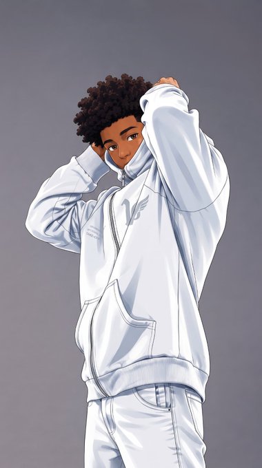 An anime-style digital illustration of a young person with curly brown hair wearing a light blue tracksuit, posing with their hands behind their head against a gray background.