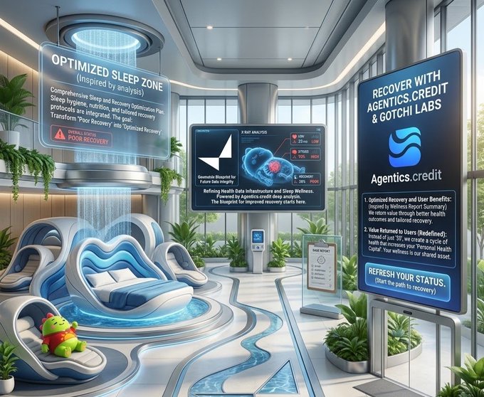 A futuristic wellness facility featuring an 'Optimized Sleep Zone' with futuristic beds, surrounded by holographic displays reading 'Optimized Sleep Zone' and 'Recover with Agentics.credit & Gotchi Labs', with a small green plush toy on one of the beds.