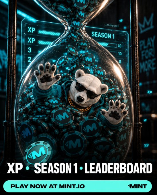 A promotional graphic for MINT.io's 'XP SEASON 1 LEADERBOARD' features an anthropomorphic white bear wearing sunglasses and a gold chain, trapped in an hourglass filled with 'M' tokens.
