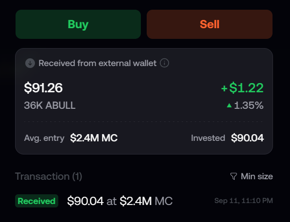 The image shows a crypto trading interface displaying a "Received from external wallet" notification of $91.26 worth of 36K ABULL tokens, with an average entry of $2.4M MC and $90.04 invested on Sep 11, 11:10 PM, alongside Buy/Sell buttons.

This relates to the post by showing the mysterious $90 transaction the user received in their wallet, confirming the unsolicited deposit of 36K ABULL tokens that left them unsure whether it's a legitimate gift or a potential scam.