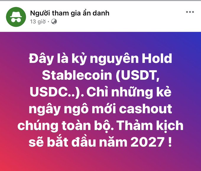 A Facebook post from 'Người tham gia ẩn danh' (Anonymous participant) in Vietnamese: 'Đây là kỷ nguyên Hold Stablecoin (USDT, USDC..). Chỉ những kẻ ngây ngô mới cashout chúng toàn bộ. Thảm kịch sẽ bắt đầu năm 2027!' (This is the era of holding stablecoins — only fools cash out completely, the tragedy will begin in 2027).
