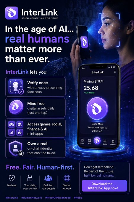 An advertisement for 'InterLink' with the tagline 'In the age of AI... real humans matter more than ever.' It shows a mobile app interface displaying 'Mining $ITLG 25.68 (+1.29 today)' and features bullet points: 'Verify once', 'Mine free', 'Access games, social, finance & AI mini-apps', and 'Own a real on-chain identity'. Hashtags include #InterLink, #HumanNetwork, #ProofOfPersonhood, #Web3.