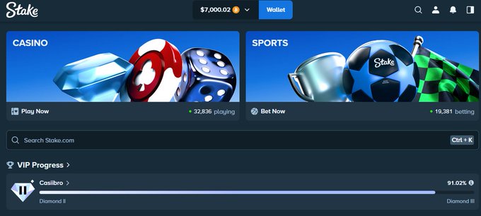 Screenshot of the Stake.com homepage showing Casino and Sports sections with a wallet balance of $7,000.02 and a VIP progress bar at 91.02% for 'Casilibro' level.