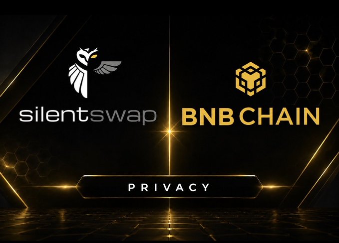 The image features the SilentSwap logo (an owl emblem) alongside the BNB Chain logo on a sleek dark background with golden accents, with the word "PRIVACY" prominently displayed below them. This visually reinforces the announcement that SilentSwap is now live on BNB Chain, highlighting the non-custodial privacy solution for asset transfers.
