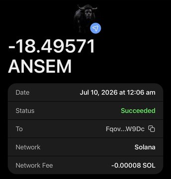 The image shows a successful Solana transaction receipt confirming a transfer of 18.49571 $ANSEM tokens to the wallet address "Fgov...W9Dc," with a network fee of 0.00008 SOL. This supports the post's claim of gifting $ANSEM tokens, serving as proof of one of the recent sends.