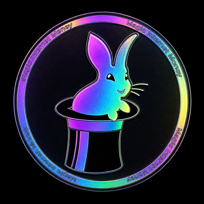 A holographic, iridescent circular badge or coin featuring a rainbow-colored rabbit sitting in a black top hat, bordered by the repeating text 'Magic Internet Money'.