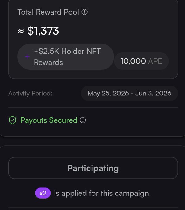 The image shows a phone screen displaying information about a rewards pool for an NFT, with details such as the total reward pool amount, participant participation date, and the NFT being applied for this campaign. The post also mentions that the original mint is bringing fresh energy to the ecosystem, which could be related to the NFT or the rewards pool in some way.