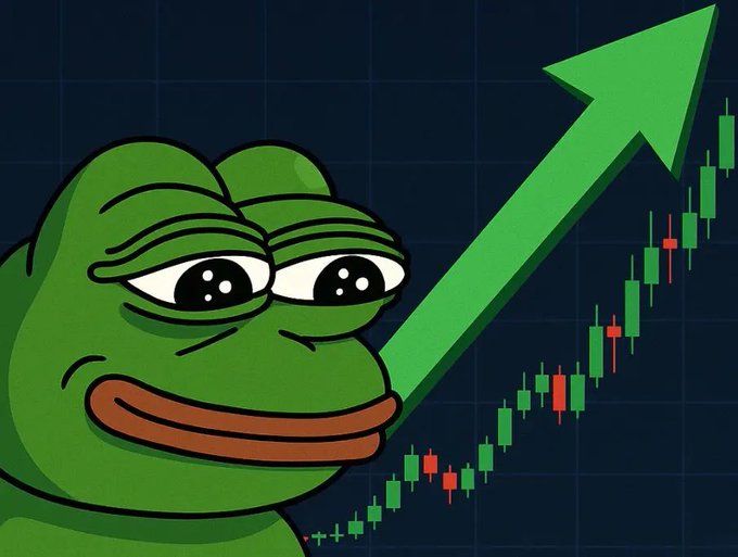 A cartoon Pepe the Frog meme character smiles next to a candlestick chart with a large green upward arrow, symbolizing a bullish rally. The image visually reinforces the post's excitement about onboarding ETH Pepe whales and predicting a major price surge.