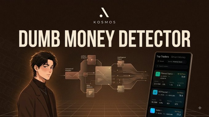 A promotional banner for Kosmos features the tagline "DUMB MONEY DETECTOR" alongside an illustrated character and a smartphone interface displaying top traders like "F1sseed.Tradez" with 78.9 PnL and "0x7francia1" with 75.5 PnL, visually echoing the post's concept of consolidating platforms like Polymarket and Kalshi into a single tool for tracking trader performance.
