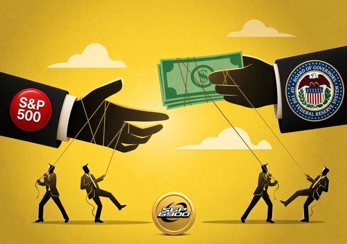 Illustration showing a handshake between an arm labeled 'S&P 500' and the Federal Reserve seal, with tiny puppet masters controlling the exchange of a dollar bill, symbolizing market manipulation.