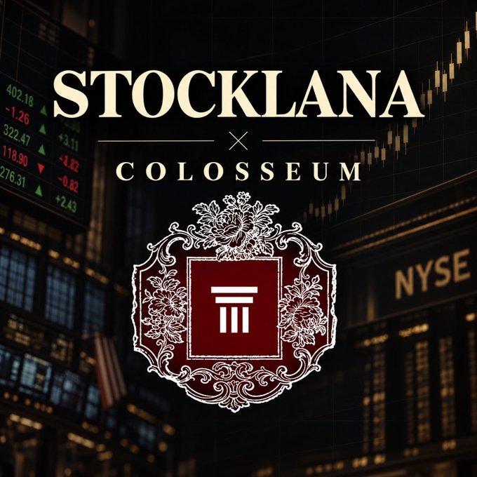 A promotional graphic reading 'STOCKLANA x COLOSSEUM' in cream-colored text against a backdrop of stock market charts and the NYSE building, featuring an ornate maroon and white decorative crest with a column icon in the center.
