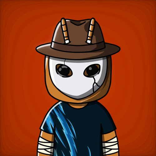 The image shows a cartoon character wearing a wide-brimmed brown hat, a white mask with large black eyes, a dark blue shirt, and bandages around its forearms, set against an orange background. It complements the post's "signing off" message, serving as a stylish avatar-style graphic to say goodnight and indicate the user is logging off for the night.