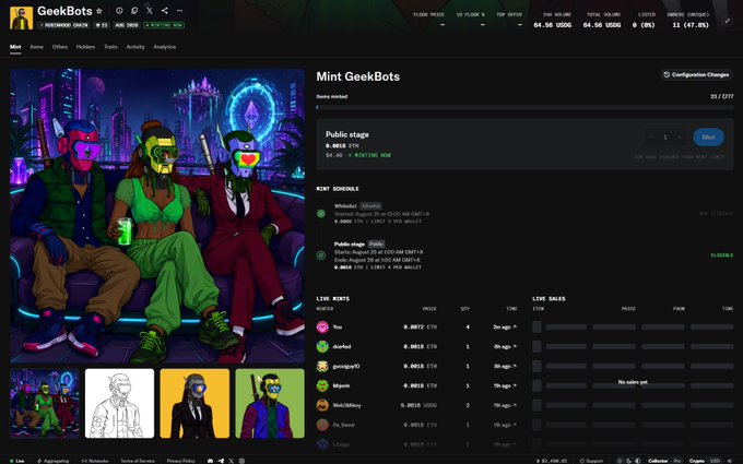 A screenshot of the Magic Eden NFT marketplace showing the Mint GeekBots collection with a floor price of 64.56 SOL, displaying cyberpunk-style character artwork.