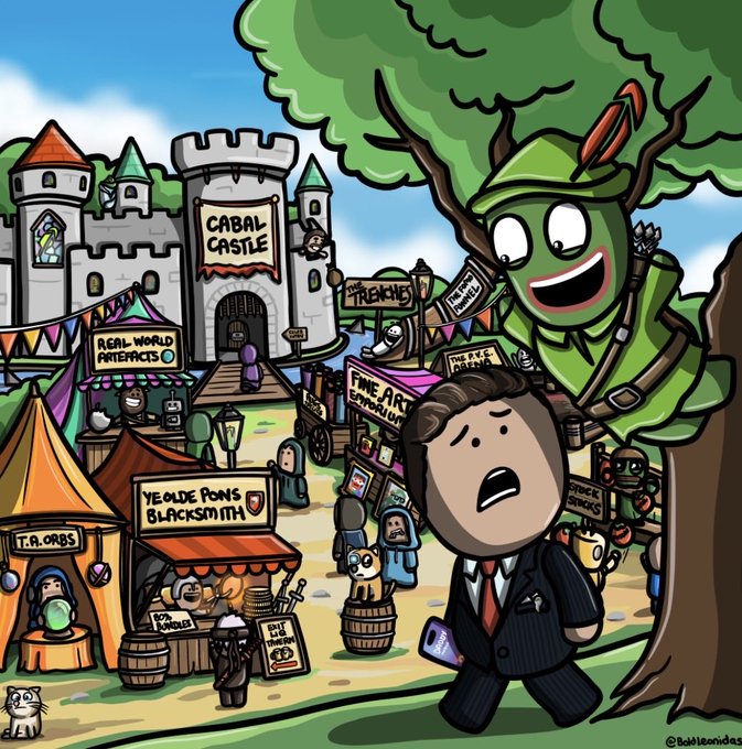 A cartoon-style illustration depicts a medieval fair with a castle labeled 'CABAL CASTLE', featuring various stalls like 'REAL WORLD ANIMECOS' and 'YE OLDE PONS BLACKSMITH'.