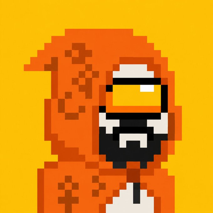 A pixel art character wearing an orange hooded robe with a yellow mask face is shown against a yellow background. The image relates to the post by serving as the profile picture or artwork for @zec_bit's genesis collection on ZEC blockchain.