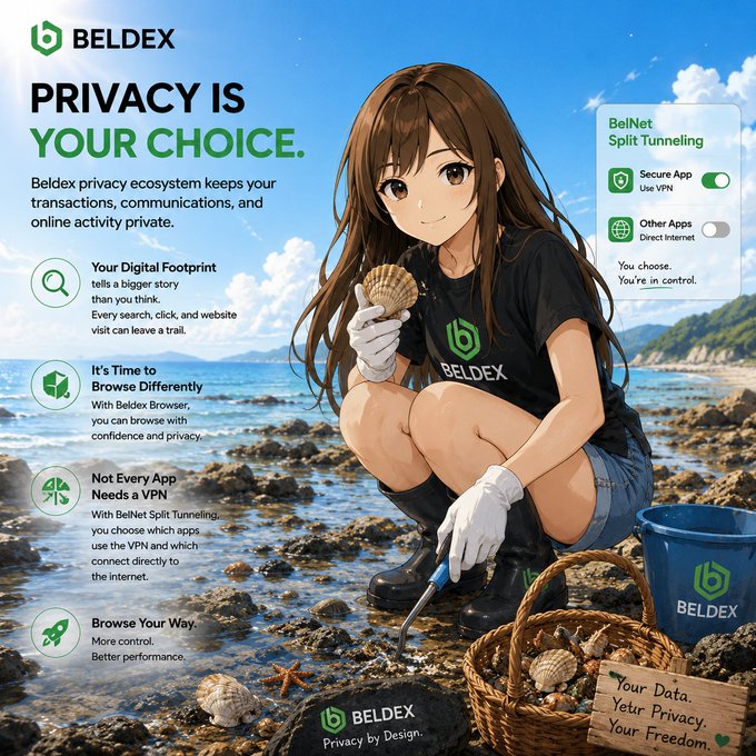 An anime-style advertisement for 'BELDEX' VPN service with the tagline 'PRIVACY IS YOUR CHOICE', featuring an illustrated girl on a beach collecting shells, alongside feature descriptions about digital footprint and BelNet Split Tunneling.
