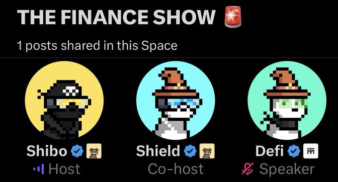 A Twitter Space titled 'THE FINANCE SHOW' with 1 post shared, featuring hosts Shibo, Shield, and Defi represented by pixel art character avatars.