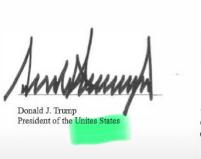 A signature from Donald J. Trump, labeled "President of the Unites States," appears with a prominent green highlight drawing attention to the misspelling of "United States" as "Unites States," illustrating the typo referenced in the post about the Super Intelligence ($SI) document.