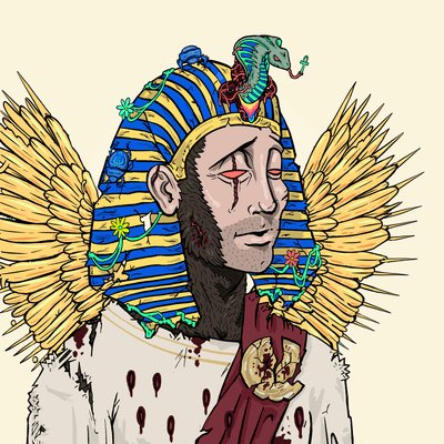 A cartoon-style ape wearing an Egyptian pharaoh headdress with a cobra, adorned with golden wings, blood streaks, and ornate medallions, embodying the epic "you're just mad you didn't ape in earlier" energy of the DeGods community as a boast of their top-tier on-chain art collection.