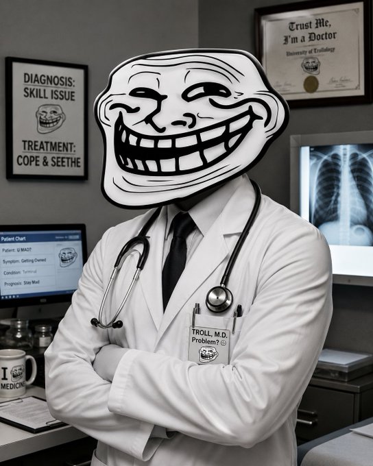 The image features a man dressed as a doctor, wearing a white coat with his arms crossed over his chest. The man has a mask on that resembles a troll or a clown face. In the background of the image, there are two posters - one is a medical poster and the other is a funny poster featuring a troll face. The post includes text that reads "Went to the doctor today and he legit said 
$TROLL OR GET TROLLED. ONE TROLL A DAY KEEPS THE DOC AWAY". This humorous message adds a lighthearted touch to the otherwise serious context of the image, which is related to the post about the doctor's office visit.