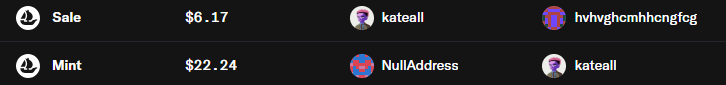 The image shows two NFT transaction records: a "Sale" for $6.17 and a "Mint" for $22.24, featuring usernames "kateall" and "hvhvghcmhhcngfcg" alongside a "NullAddress." This visualizes the seller's costly mistake referenced in the post, as they sold a Volt NFT for only $6 despite its mint price being $22 and floor price reaching $60.
