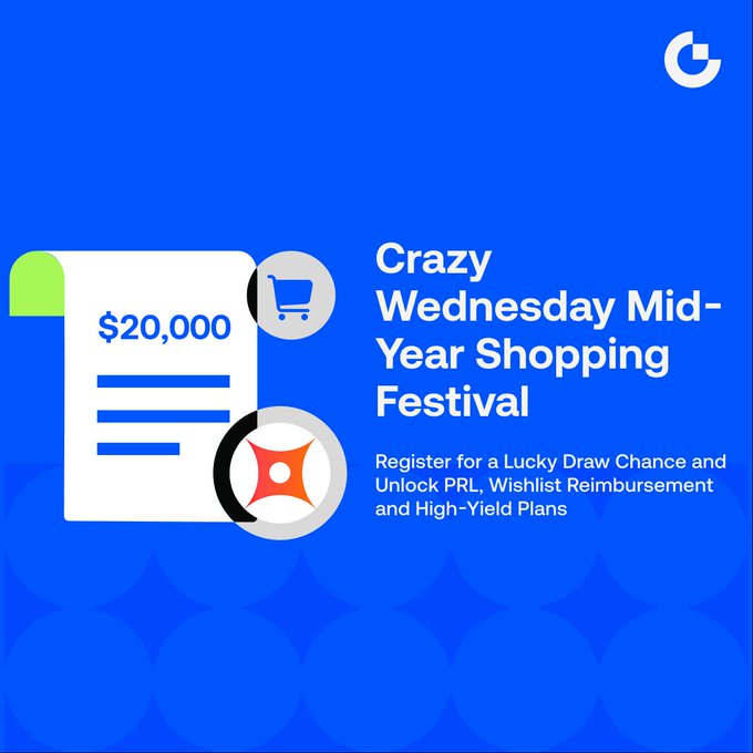 This graphic description showcases an advertisement for a mid-year shopping festival that offers one-stop access to mid-year rewards such as discounts, points, cashback, promotions or special offers on various products including toys. The title of the event is "Crazy Wednesday Mid-Year Shopping Festival". The event will be held in December and takes place from Saturday to Sunday.
