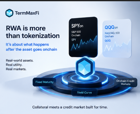 The image features two blue hexagonal shapes, one larger than the other, placed on a white background with text that reads "RWA is more than tokenization" and "SPYon is about what happens after the asset goes onchain". The text also mentions that SPYon and QQQon markets caught the attention of the post's author.