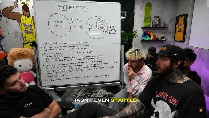 A group of people gather around a whiteboard labeled "@ARISCRYPTO" filled with crypto investment notes, with overlay text reading "HASN'T EVEN STARTED".