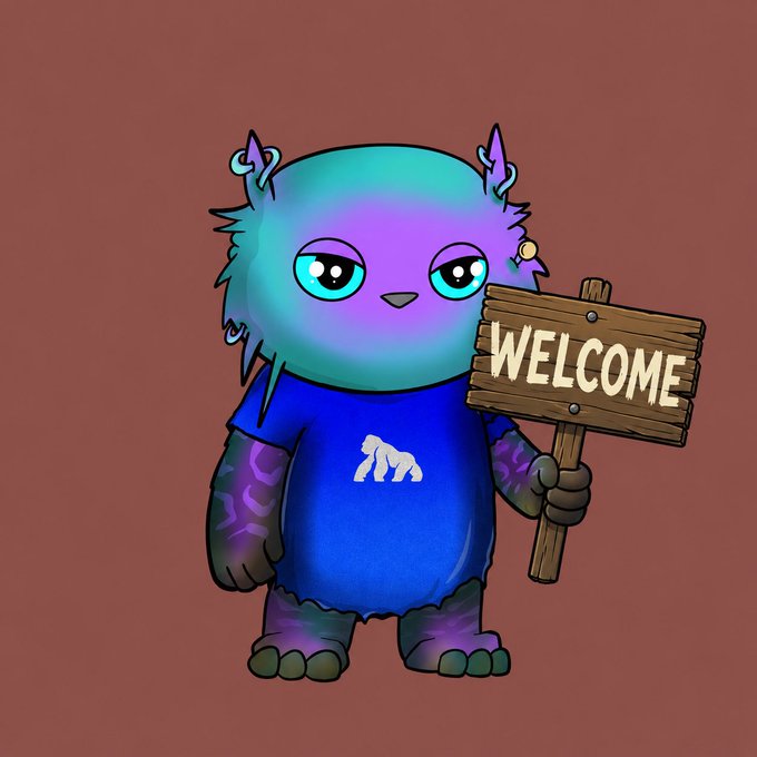 A cartoon illustration of a cute blue and purple monster-like character wearing a blue shirt, holding a wooden 'WELCOME' sign against a brown background.