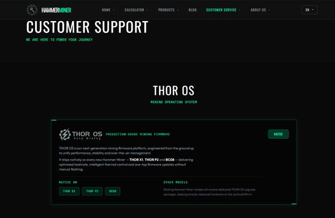 A customer support webpage for HammerMiner highlights THOR OS, a mining operating system native to THOR X1, THOR P2, and BC08 models.