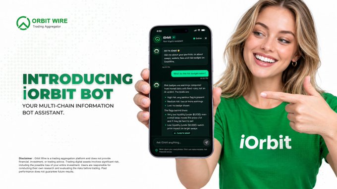 An Orbit Wire advertisement shows a smiling woman in a green “iOrbit” shirt pointing to a phone beside text reading “INTRODUCING iORBIT BOT” and “YOUR MULTI-CHAIN INFORMATION BOT ASSISTANT.”
