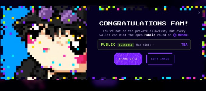 A pixel art celebration screen reads "CONGRATULATIONS FAM!" explaining that the user isn't on the private allowlist but can mint the open Public round on MONAD, with options to "SHARE ON X" or "COPY IMAGE." This corresponds to the Chog NFT whitelist checker, showing that the user's wallet wasn't selected for the WL but is eligible to mint during the public round at no cost.