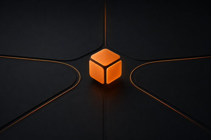 A 3D rendered orange glowing cube sits at the intersection of four dark panels outlined with thin orange lines against a black background.