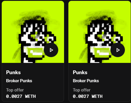 Two identical NFT marketplace listings for 'Punks Broker Punks' featuring pixel-art character artwork on a bright green background, with a top offer of 0.0027 WETH each.