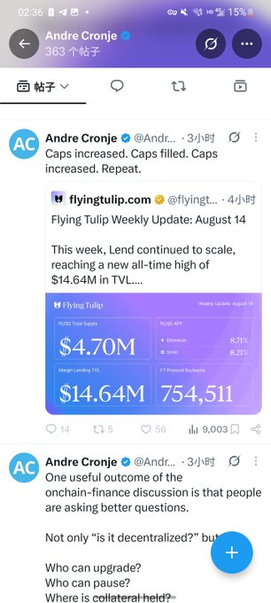 A screenshot of a Twitter/X post by Andre Cronje, commenting on a Flying Tulip weekly update that shows a TVL of $14.64M and $4.70M in RUSD total supply.