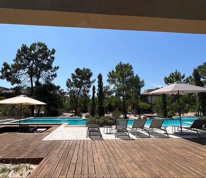A wooden deck with lounge chairs and white umbrellas sits poolside, framed by tall pine trees under a clear blue sky. The sunlit, resort-style setting evokes the kind of carefree, relaxed vibe associated with "GM" (good morning) greetings.