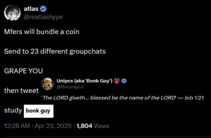 A screenshot of a tweet from @realashhype showing user @theunipcs (aka "Bonk Guy") quoting a Bible verse (Job 1:21) after promoting bundled token "bonk guy," illustrating the accompanying post's criticism of KOLs citing religion while allegedly running rug-pull schemes like $BONKFUN, $STONKFUN, $PONS, $ARC, and $EMBER.
