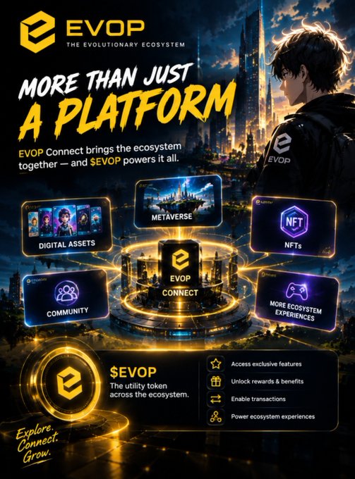 An anime-style promotional graphic for EVOP ("The Evolutionary Ecosystem") features an anime character and showcases categories like Digital Assets, Metaverse, NFTs, and Community, highlighting the $EVOP utility token.