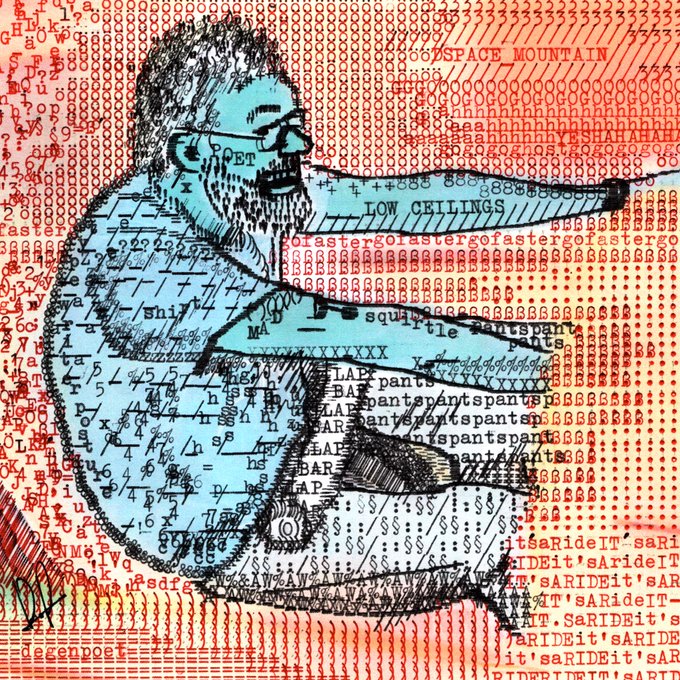 A bearded man in glasses is depicted in a blue illustration, surrounded by a dense orange background filled with repeating text including "SPACE MOUNTAIN," "SHARKNADO," "LOW CEILINGS," "gofastergo," "pants," and "ARideIT's," with various symbols, numbers, and code-like characters scattered throughout.

The chaotic, meme-laden visual collage reflects the post's chaotic market prediction about SOL crashing to $90, with the scattered text and overlapping references (like "SHARKNADO" and "gofastergo") mirroring the swirling chaos and inevitable liquidations the poster anticipates as traders panic into worthless memecoins.