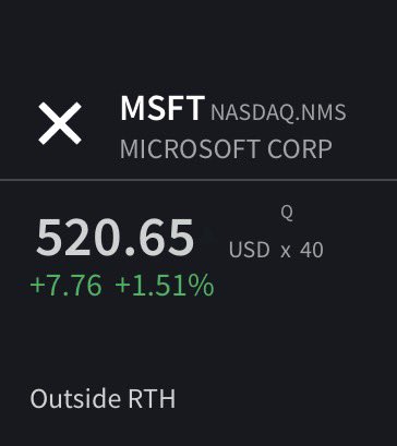 A stock price display shows Microsoft Corp (MSFT:NMS) trading at $520.65 USD, up $7.76 or +1.51%, with the caption noting the $520 price target has been hit. The "Outside RTH" label indicates this data was captured outside regular trading hours.