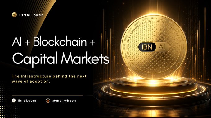 A promotional banner for IBN AI Token featuring a gold coin, with text reading 'AI + Blockchain + Capital Markets', 'The Infrastructure behind the next wave of adoption', 'Ibnai.com', and '@ma_wheen'.
