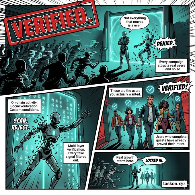 The image shows a cartoon scene with a robot character standing in front of a door labeled "Verified", surrounded by people walking through an open doorway. The characters appear to be engaged in a conversation, possibly discussing the verifiability of the claim made on the door. The scene is filled with various panels depicting different scenarios and interactions between the characters, including a robot character who seems to be verifying something or someone.
