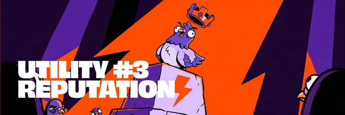 Illustration featuring a bird character holding a crown with bold text 'UTILITY #3 REPUTATION' on an orange and purple background.