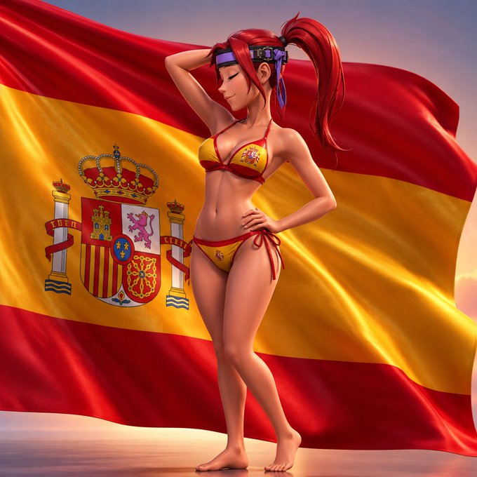 An anime-style illustration of a red-haired girl in a Spanish-themed bikini standing in front of a large waving Spanish flag featuring the national coat of arms.