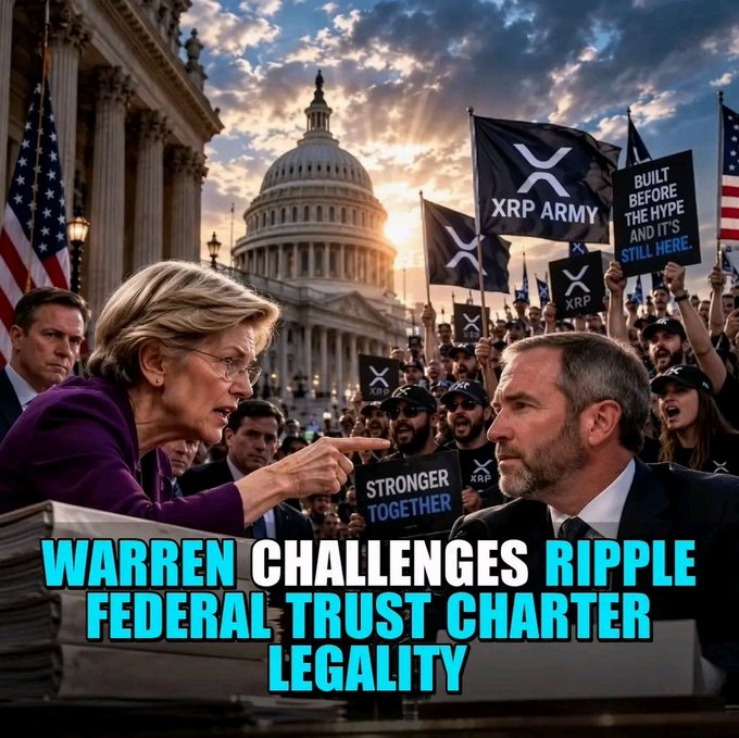 A digitally generated image depicts Senator Elizabeth Warren pointing at Ripple's Brad Garlingwood amid a protest scene with 'XRP ARMY' flags in front of the US Capitol, with text reading 'WARREN CHALLENGES RIPPLE FEDERAL TRUST CHARTER LEGALITY'.