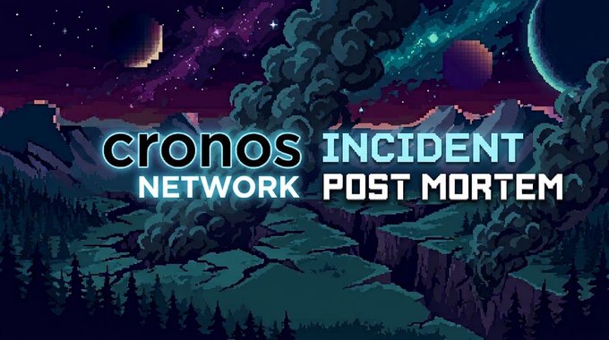 Pixel art style graphic with the text 'cronos NETWORK INCIDENT POST MORTEM' set against a cosmic landscape with mountains and planets.
