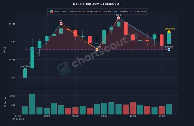 The image shows a chart with a price chart overlay, both appearing against the same dark background color. The chart contains a blue line that represents the price of a cryptocurrency, while the vertical lines represent different time periods for analysis. A title at the top reads "CYBER/USDT (30m) Double Top Setup". The focus in this post is on the chart and its features rather than any additional information provided within the image or related to the post.