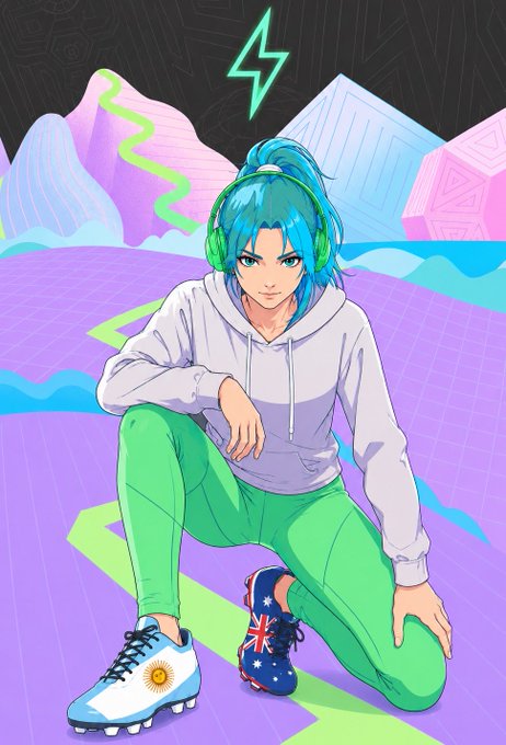 The image features a cartoon girl wearing headphones, sitting down, and squatting while holding her shoes up. The background of the picture has a purple and blue color scheme, which complements the girl's outfit. There are also neon lights visible in the scene, adding an artistic touch to the overall composition. The caption provided after the image reads "Stepn ワールドカップ楽しみーめそうだ、STEPN始めよう アクティベーションコード 33616020 Made with AI".