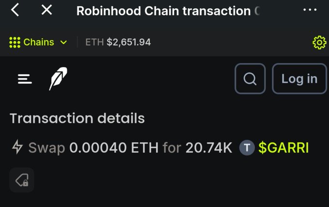 A screenshot of a Robinhood Chain transaction page showing a swap of 0.00040 ETH for 20.74K $GARRI tokens, with ETH priced at $2,651.94.