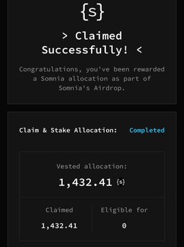 A dark screen confirms 'Claimed Successfully!' for 'Sommia's Airdrop', showing a vested allocation of '1,432.41 (s)' with 'Claim & Stake Allocation: Completed'.